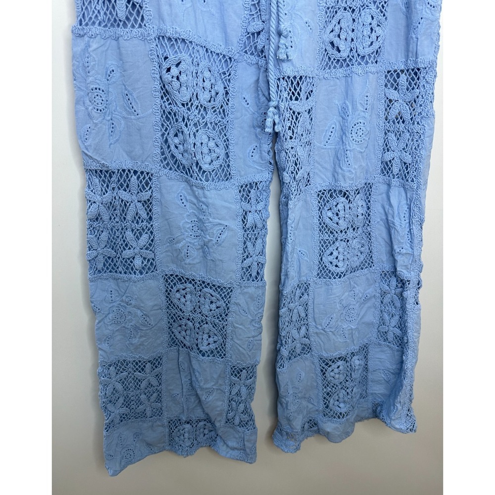 Altar'd State Hibiscus Patchwork Crochet Pants Light Blue Large Wide Leg Boho - Picture 9 of 12